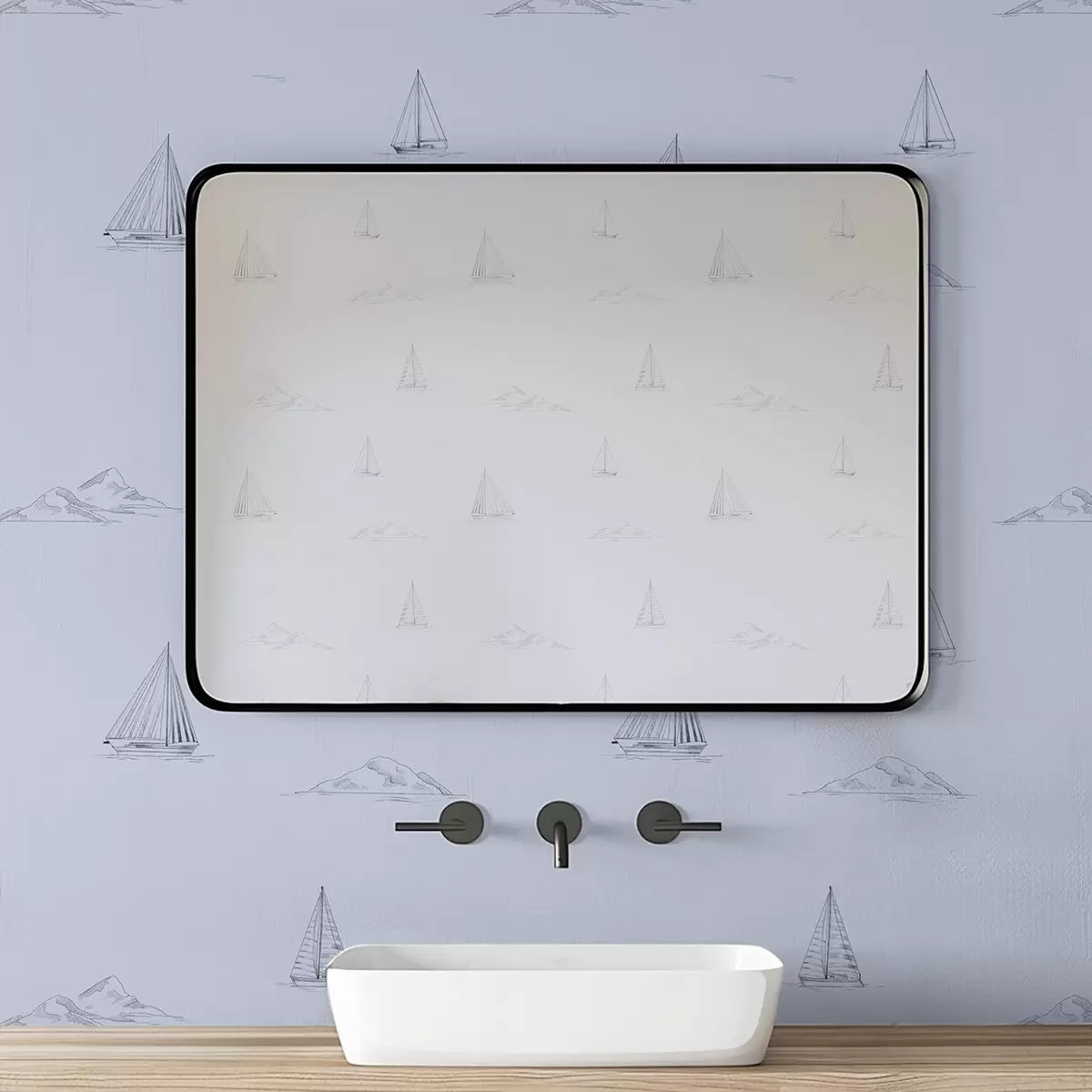 Behang Schets van jachten en eilanden, blauwe achtergrond a00654v3 Behang Schets van jachten en eilanden, blauwe achtergrond a00654v3