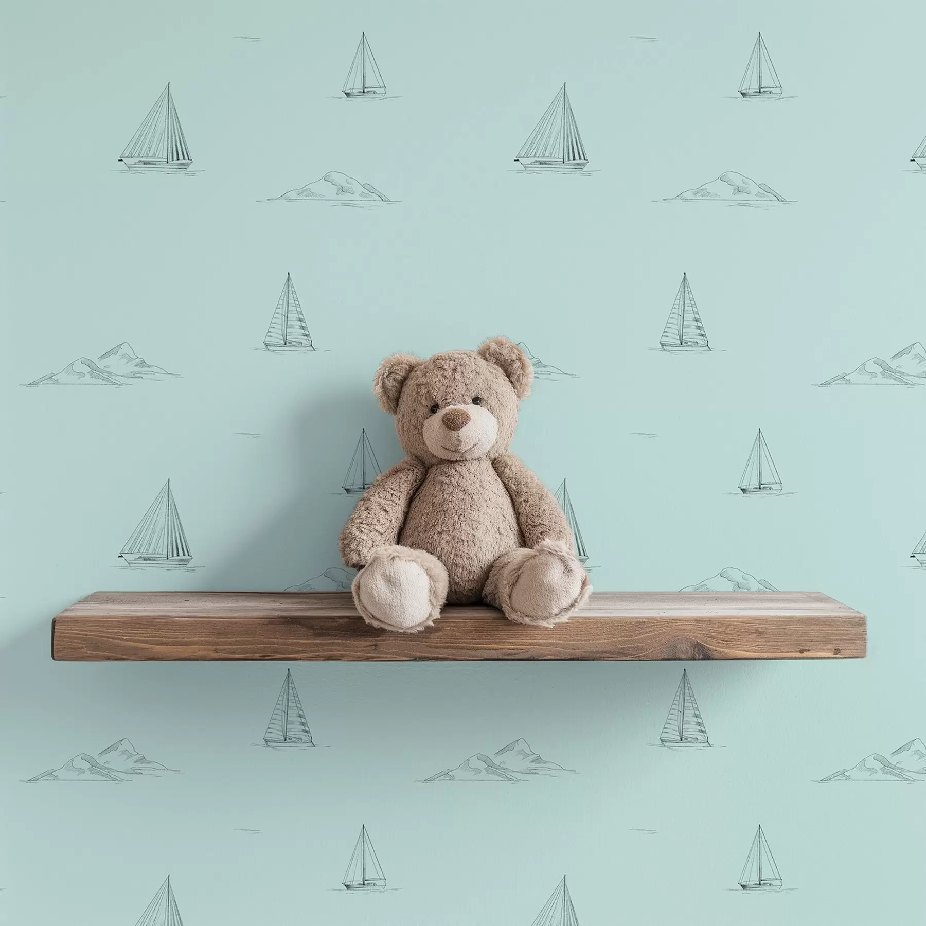 Fotobehang Schets jachten en eilanden, mintgroene achtergrond a00654v4