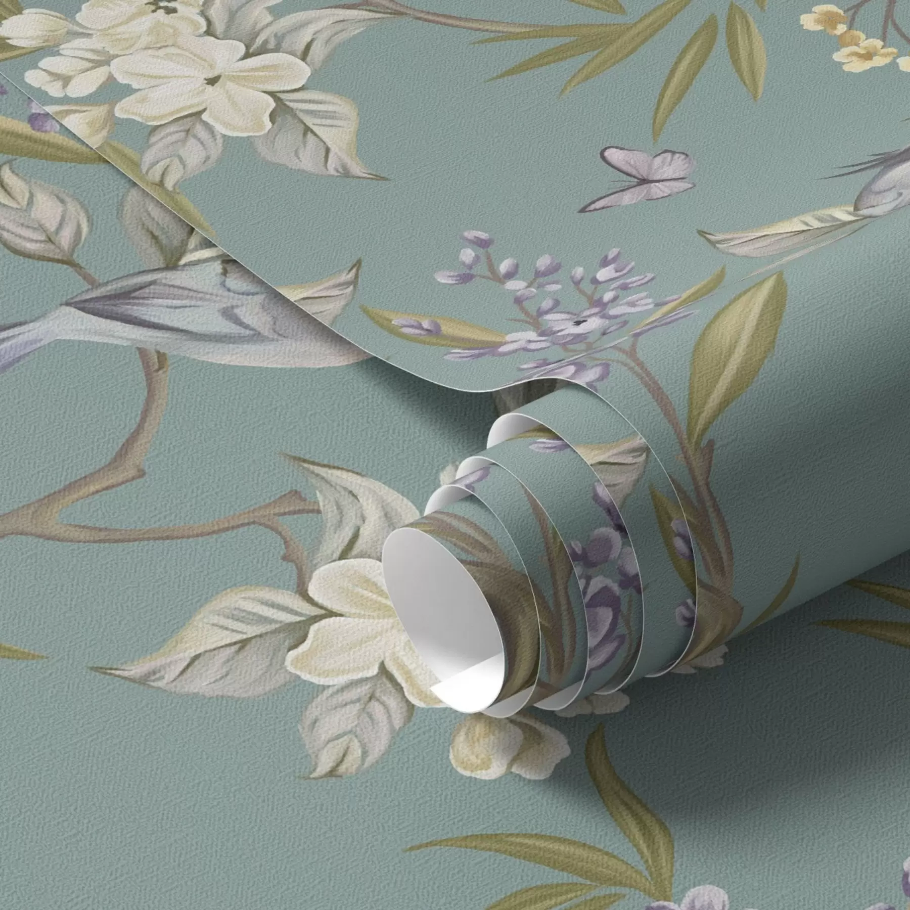 Fotobehang Vogels, bloemen en vlinders op een blauwgrijze achtergrond a00735