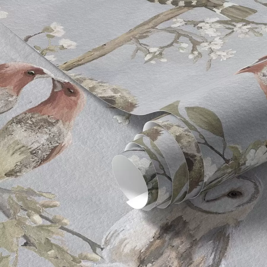 Fotobehang Vogels op takken met bloemen op grijze achtergrond a00738