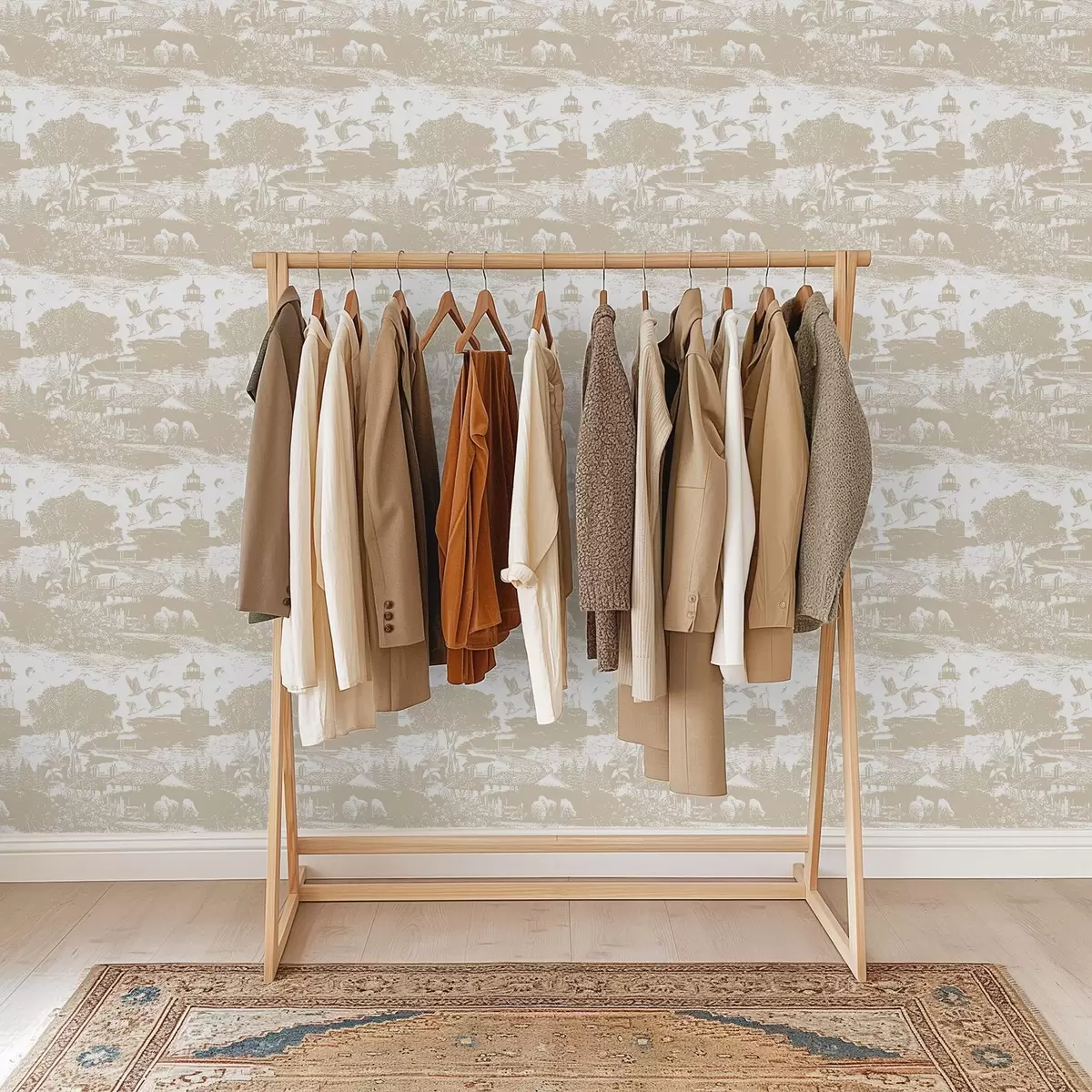 Behang Scène met vuurtoren, bomen en huizen in sienna a00739