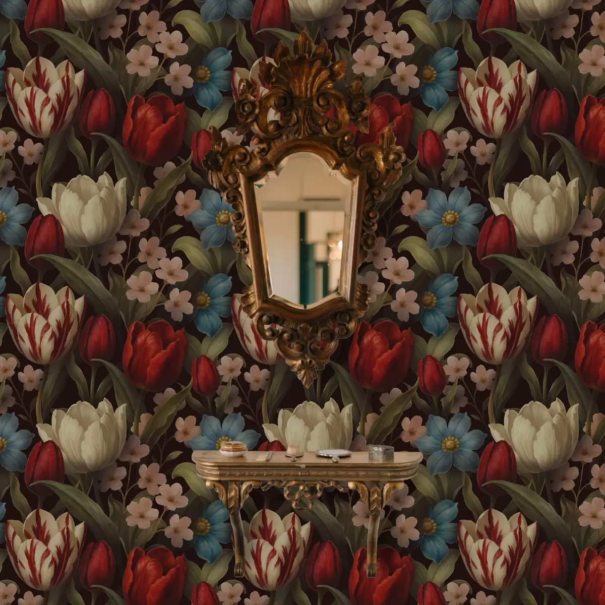 Behang Heldere tulpen en blauwe bloemen op donkere achtergrond a00746