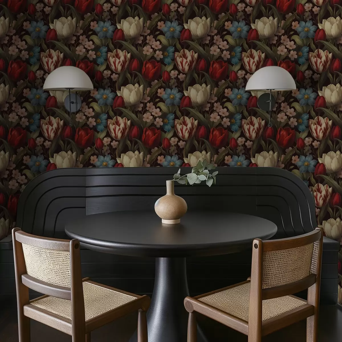 Behang Heldere tulpen en blauwe bloemen op donkere achtergrond a00746 Behang Heldere tulpen en blauwe bloemen op donkere achtergrond a00746