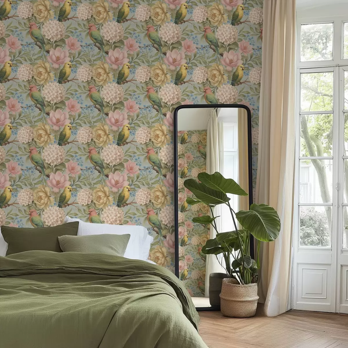 Behang Papegaaien tussen pioenrozen, hortensia's en magnolia's a00747