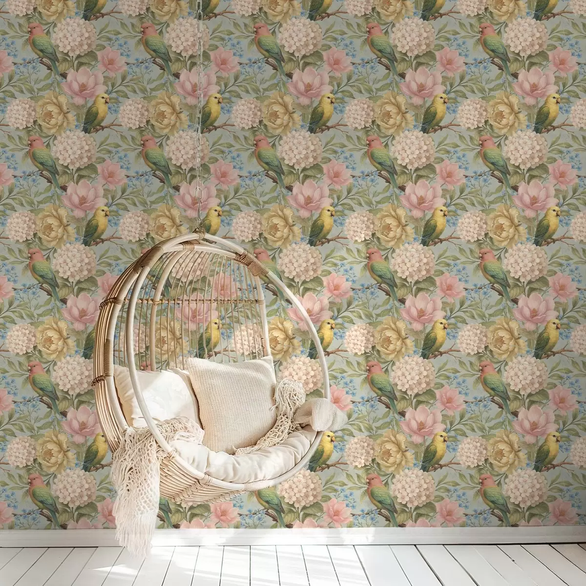 Behang Papegaaien tussen pioenrozen, hortensia's en magnolia's a00747 Behang Papegaaien tussen pioenrozen, hortensia's en magnolia's a00747