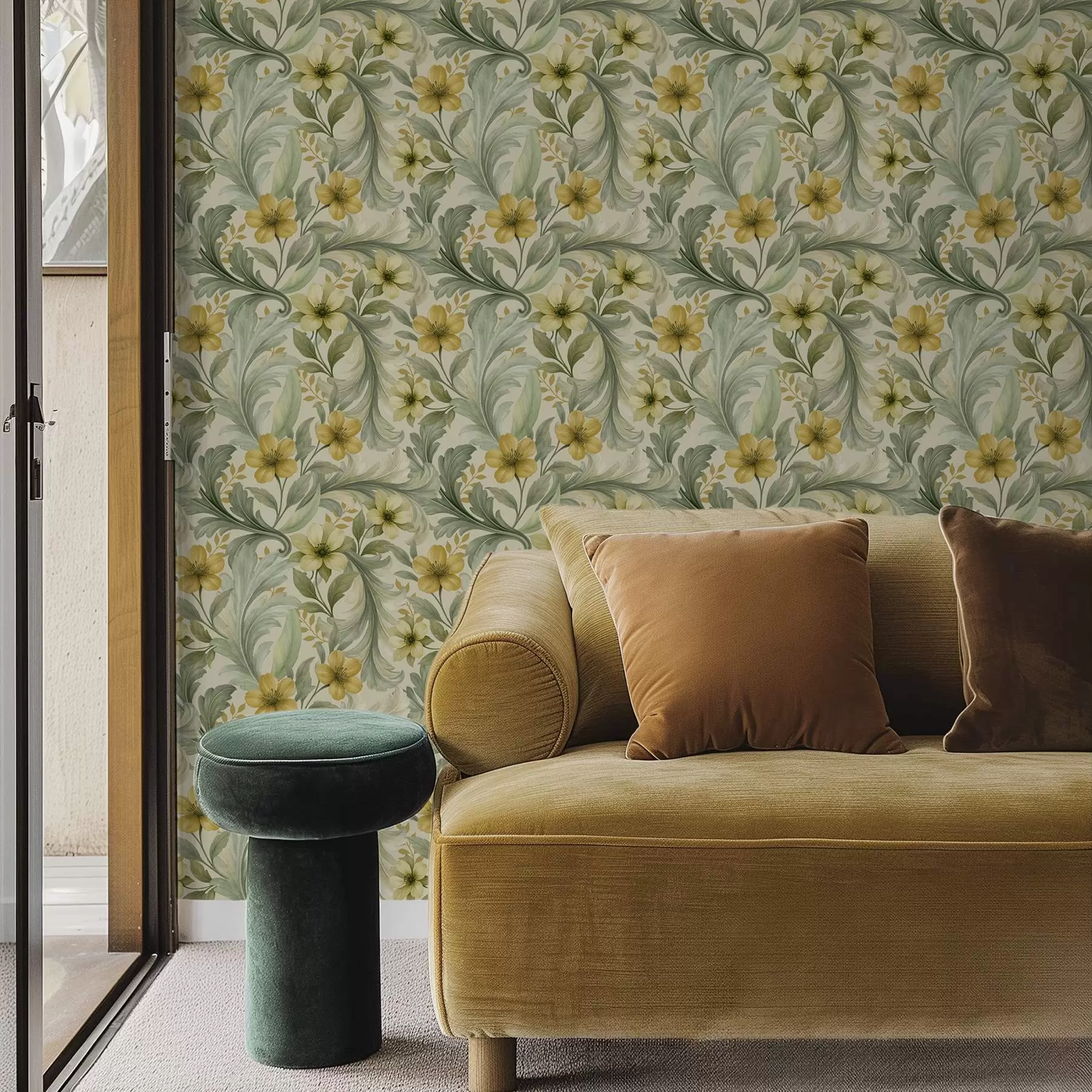 Fotobehang Acanthuskrullen met bloemen in groene en gele tinten a00749
