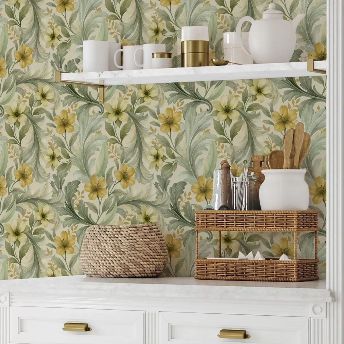 Behang Acanthuskrullen met bloemen in groene en gele tinten a00749