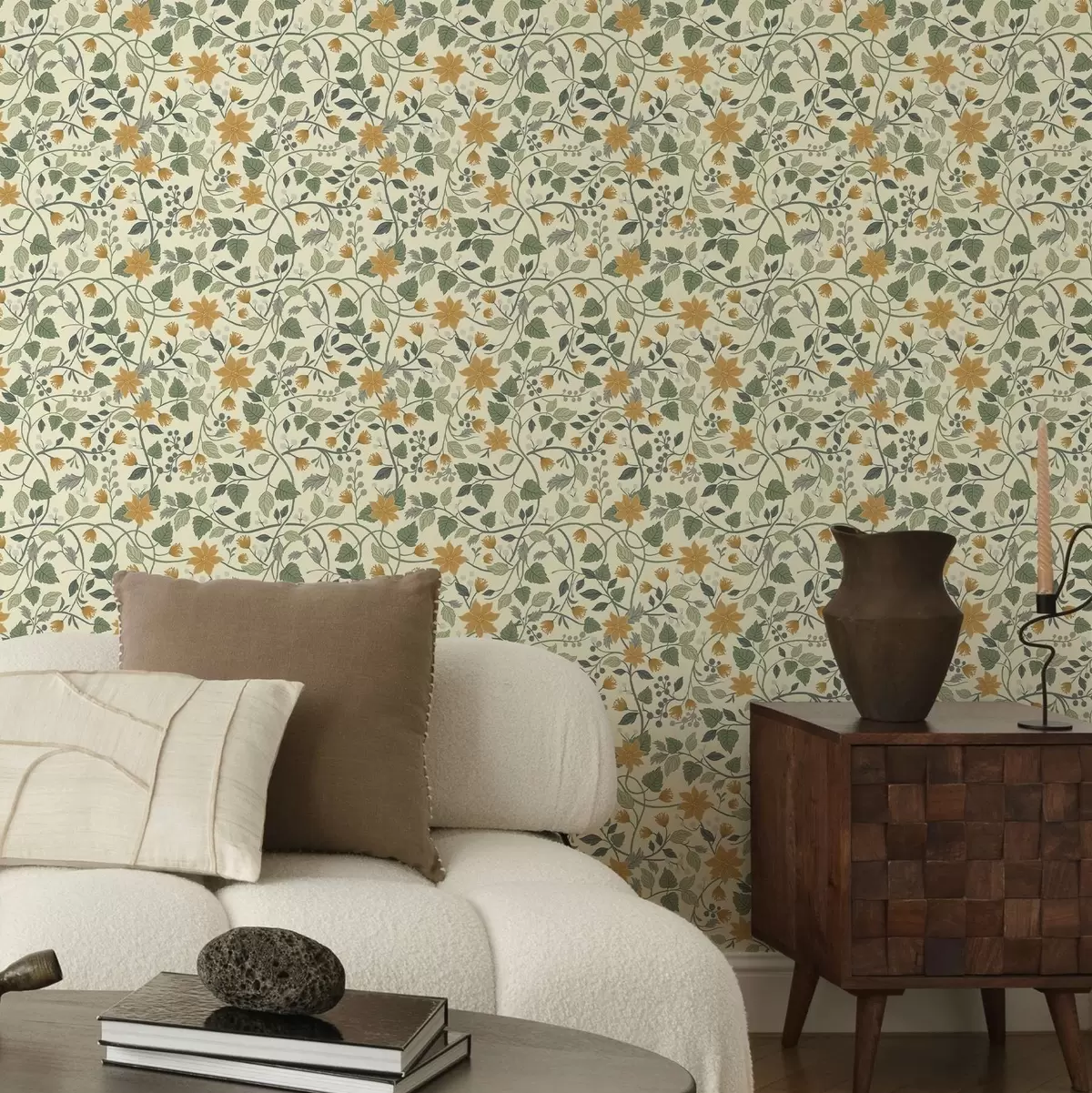 Behang Klimplant met gele bloemen en bessen a00750 Behang Klimplant met gele bloemen en bessen a00750