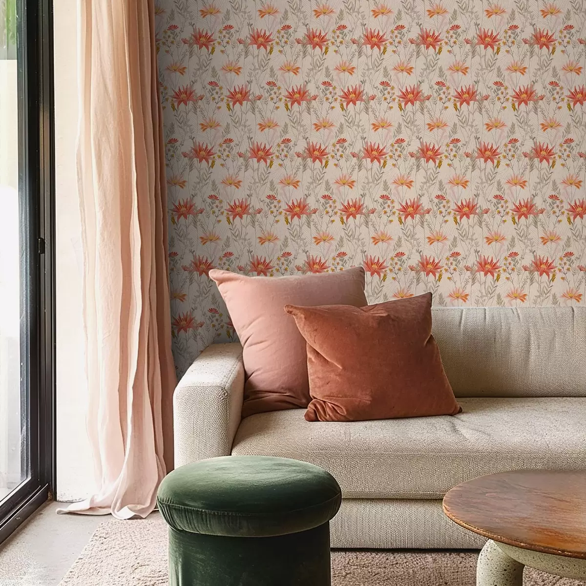 Behang Wilde bloemen in warme tinten op beige achtergrond a00751 Behang Wilde bloemen in warme tinten op beige achtergrond a00751