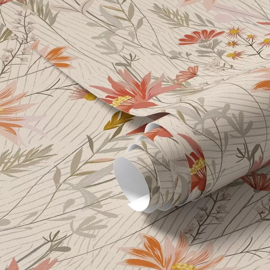 Fotobehang Wilde bloemen in warme tinten op beige achtergrond a00751