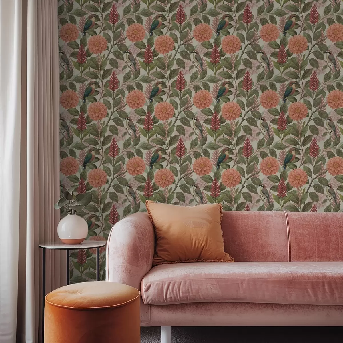 Behang Vogels tussen bloemen en bladeren in warme tinten a00753