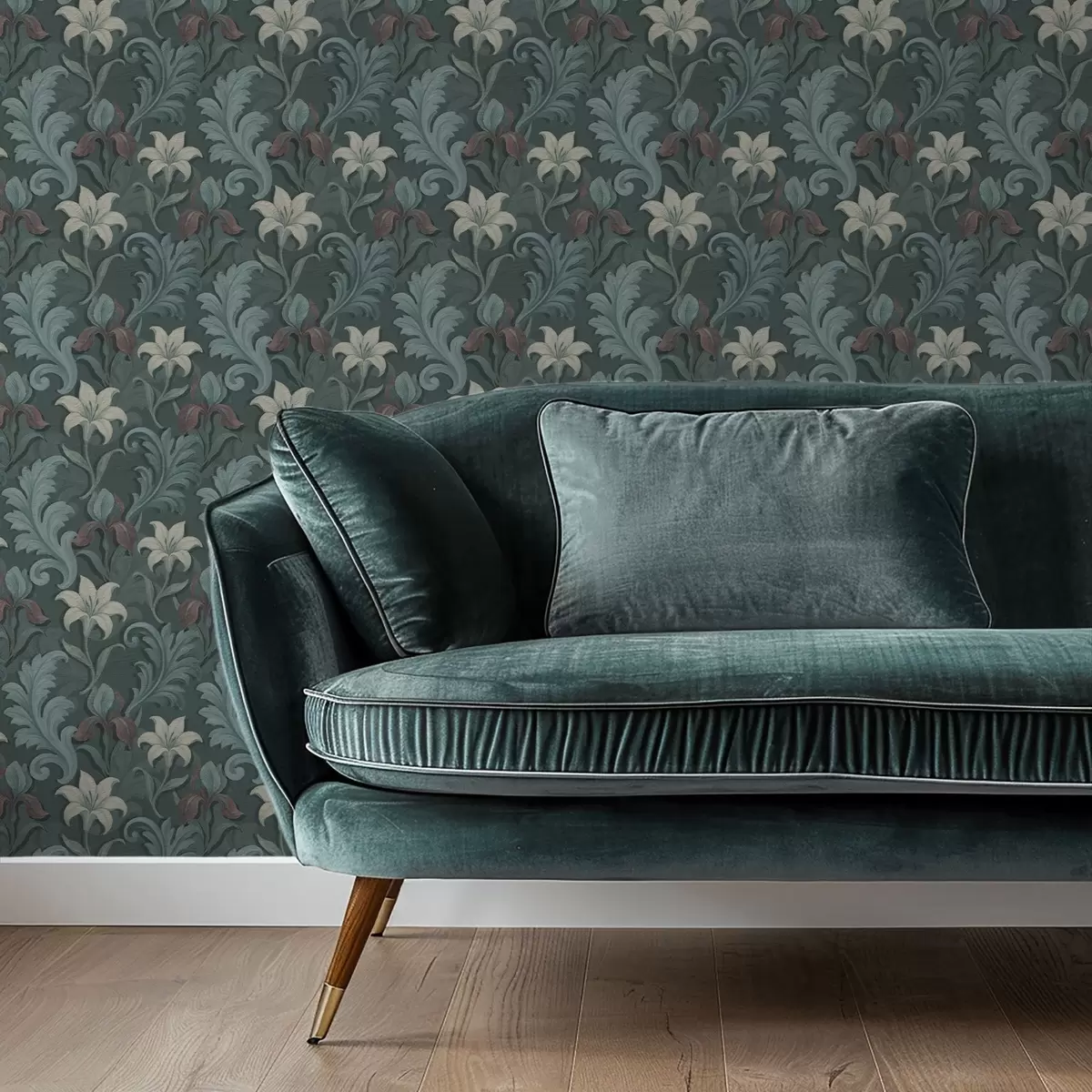 Behang Donkergroene achtergrond met irissen en decoratieve bladeren a00755