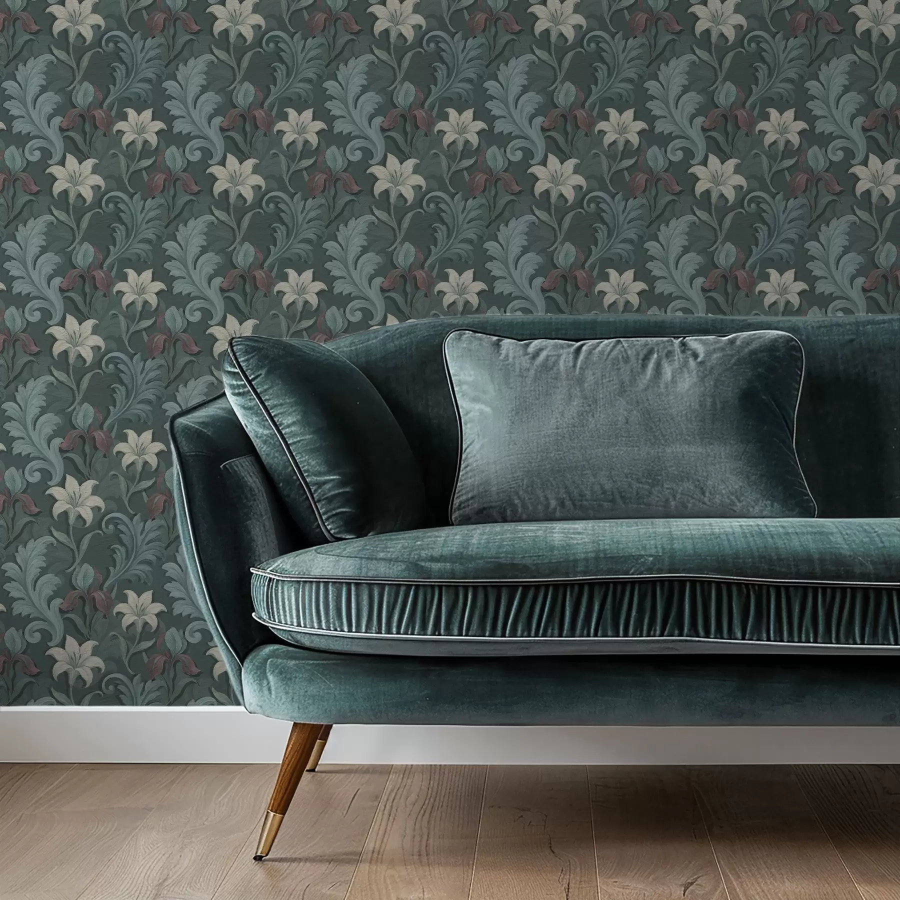 Fotobehang Donkergroene achtergrond met irissen en decoratieve bladeren a00755