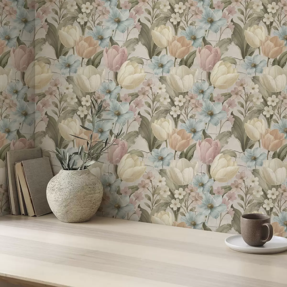 Behang Pastelkleurige tulpen en bloemen op een licht gebarsten achtergrond a00756