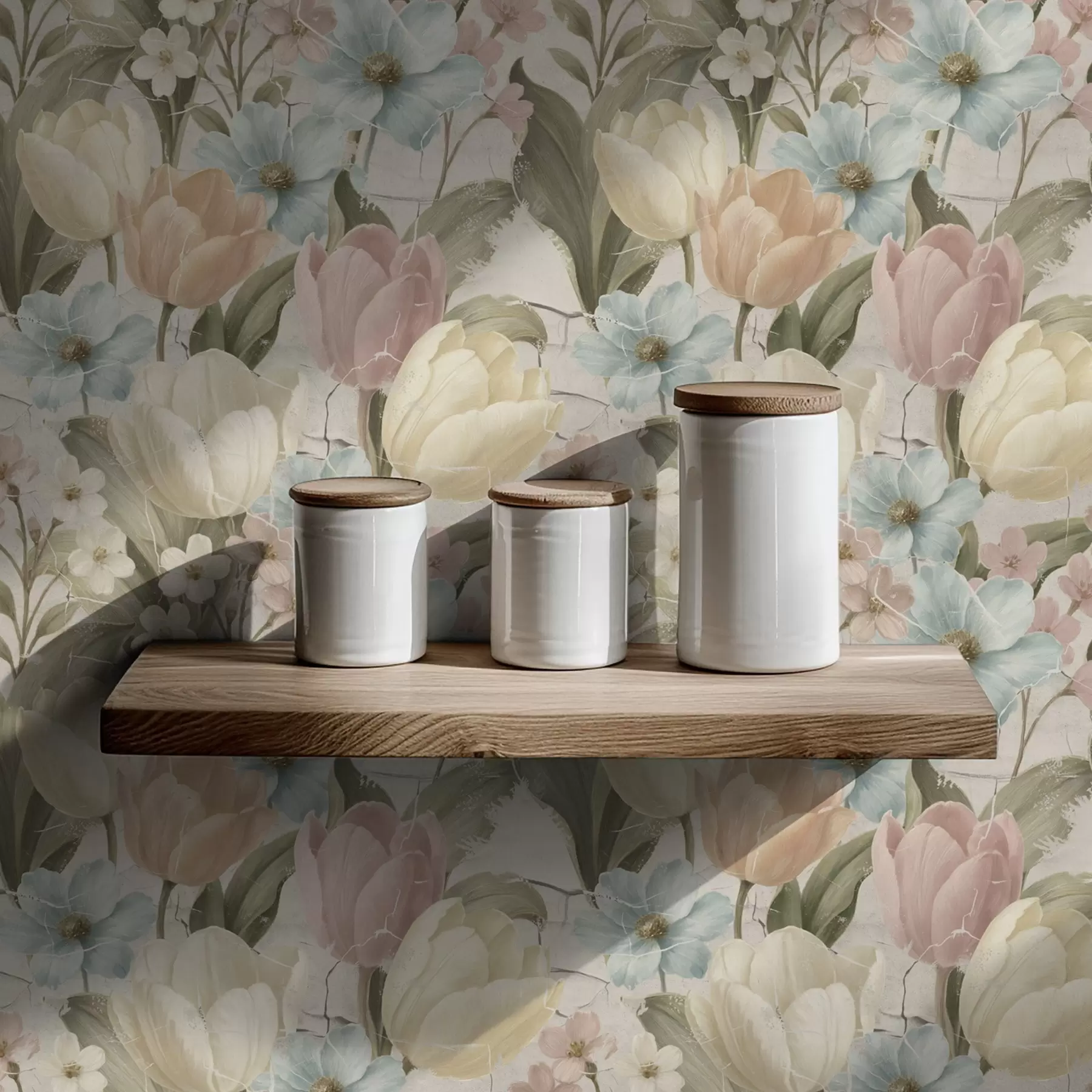 Fotobehang Pastelkleurige tulpen en bloemen op een licht gebarsten achtergrond a00756