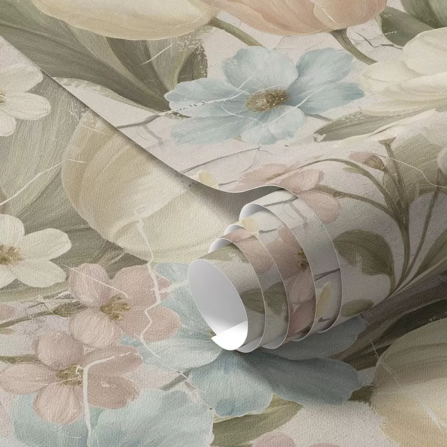 Fotobehang Pastelkleurige tulpen en bloemen op een licht gebarsten achtergrond a00756