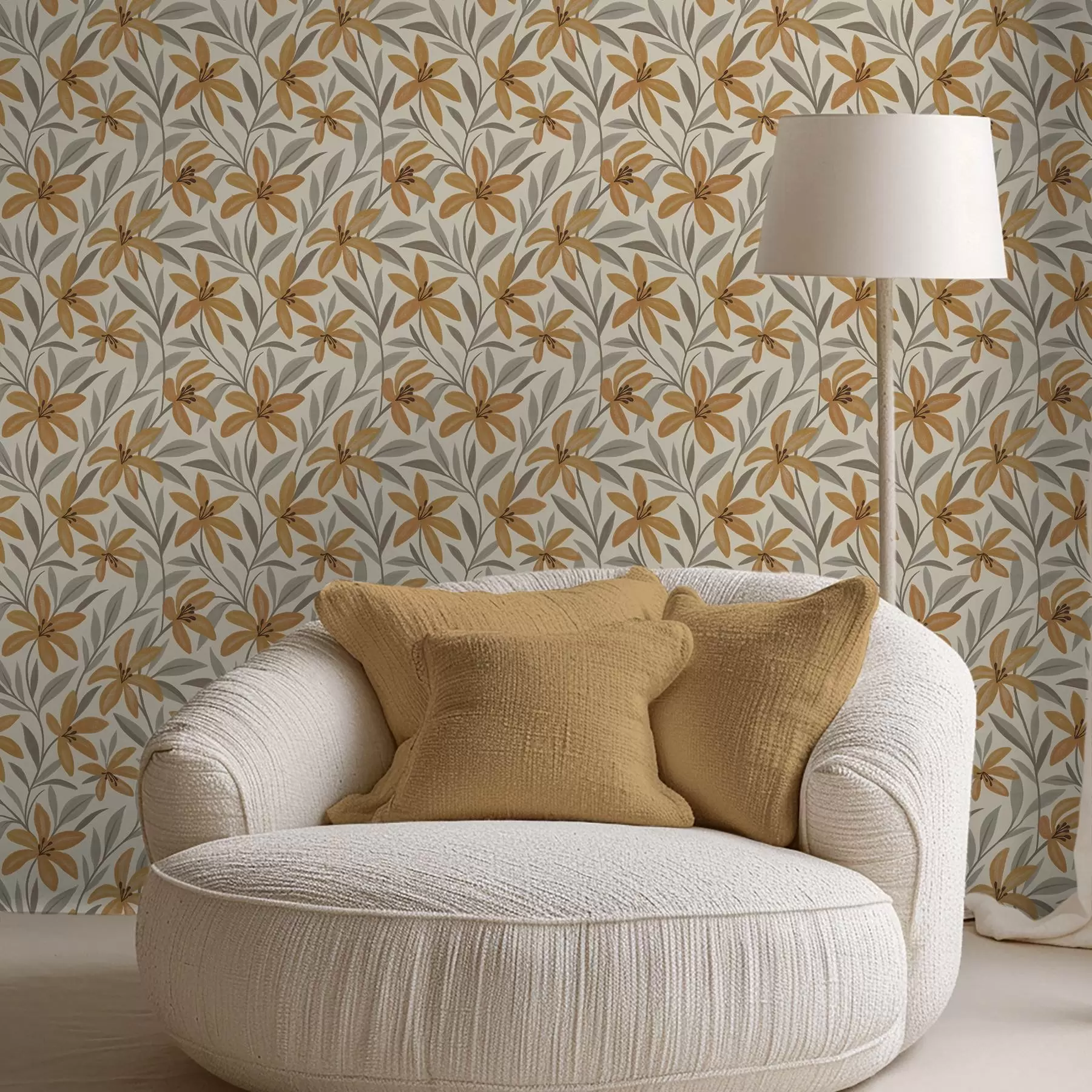 Fotobehang Gele lelies en grijsgroene bladeren op lichte achtergrond a00757