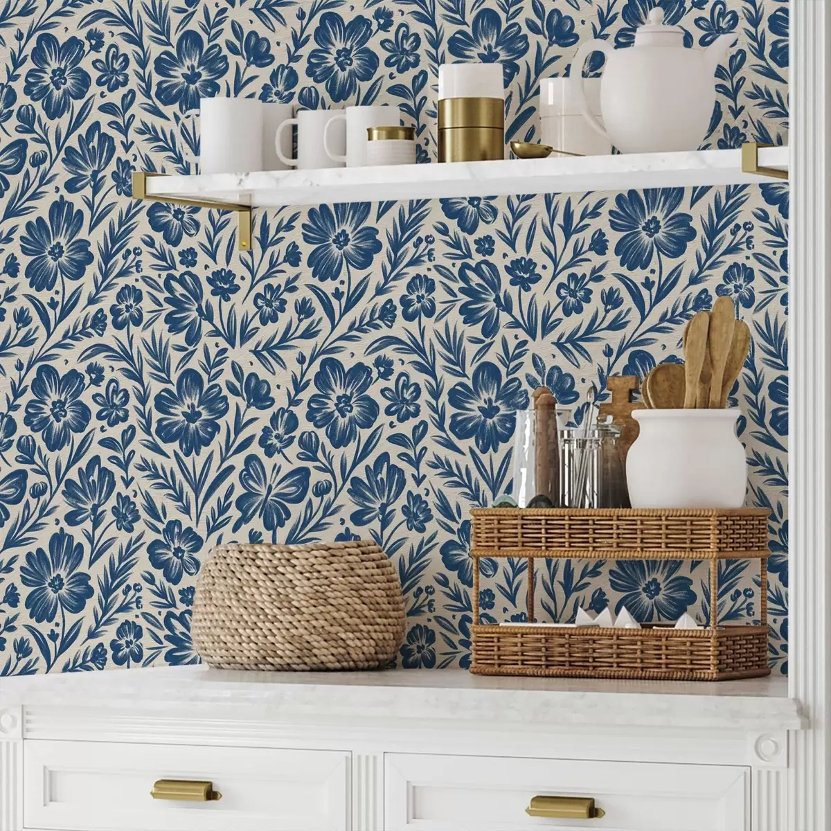 Behang Blauw bloemenornament met vlinders a00758