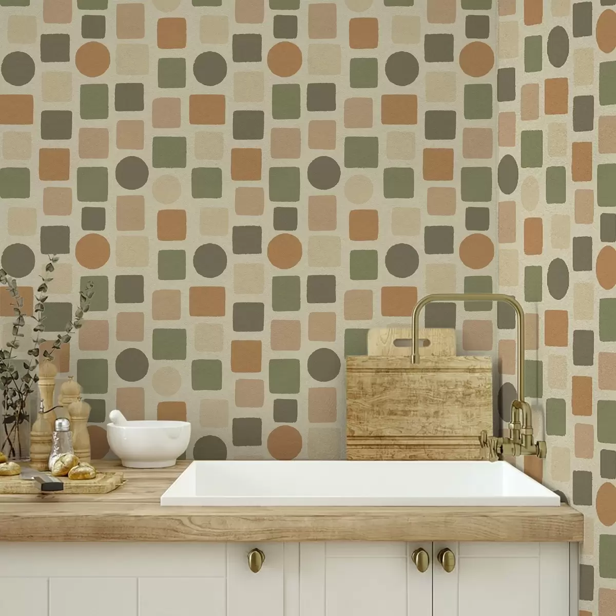 Behang Geometrisch patroon van vierkanten en cirkels in warme tinten a00759