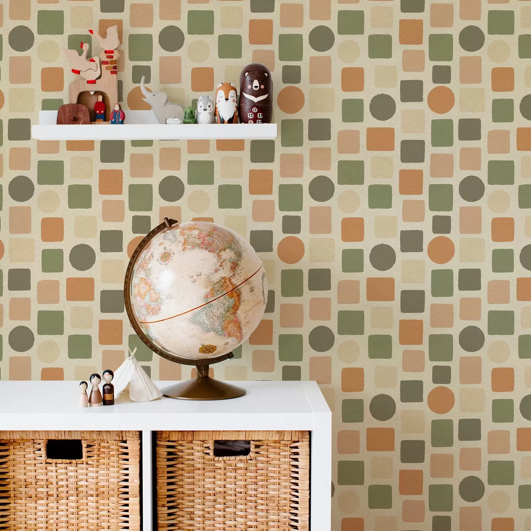 Fotobehang Geometrisch patroon van vierkanten en cirkels in warme tinten a00759