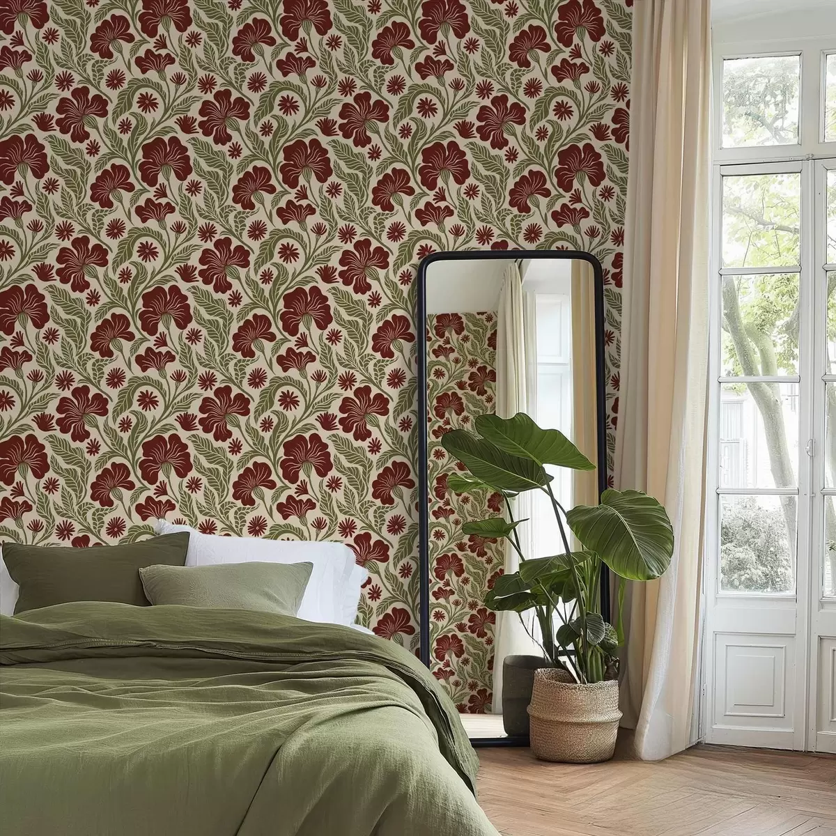 Behang Bordeauxrode bloemen met groene bladeren op een lichte achtergrond a00761