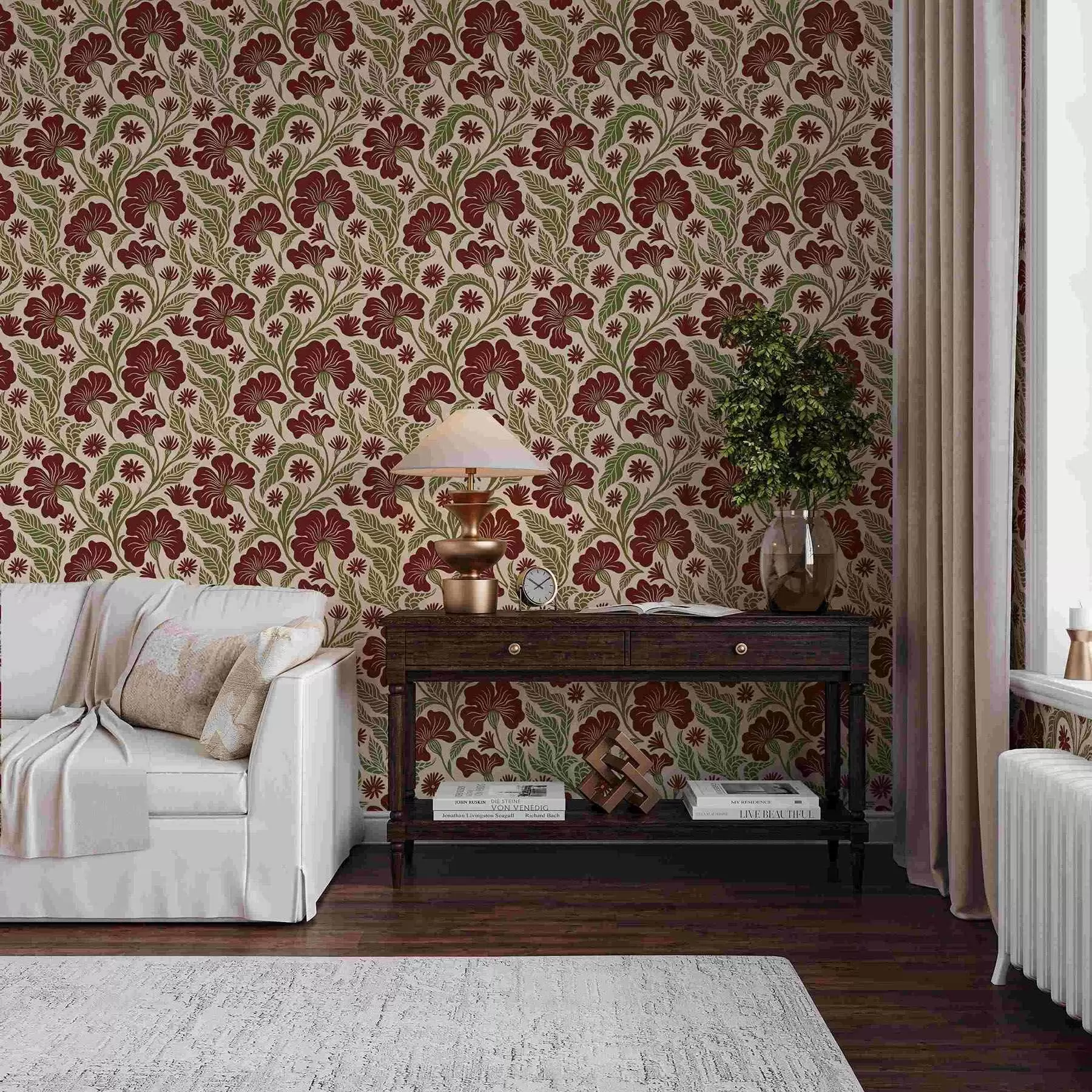 Fotobehang Bordeauxrode bloemen met groene bladeren op een lichte achtergrond a00761