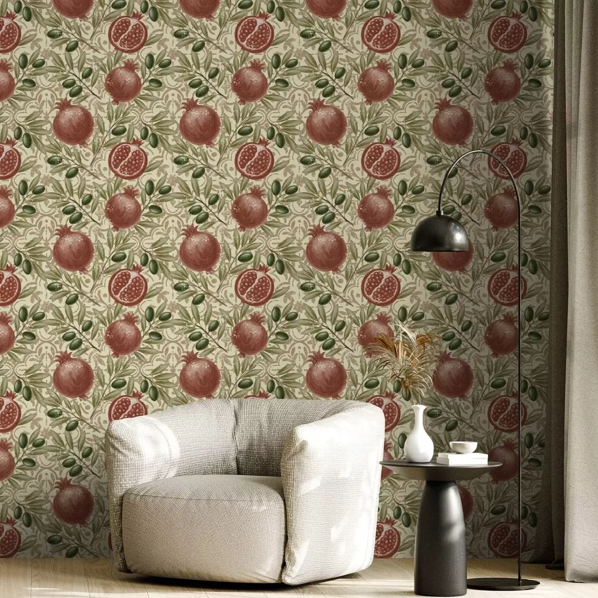 Behang Granaatappel en olijftakken op decoratieve achtergrond a00764