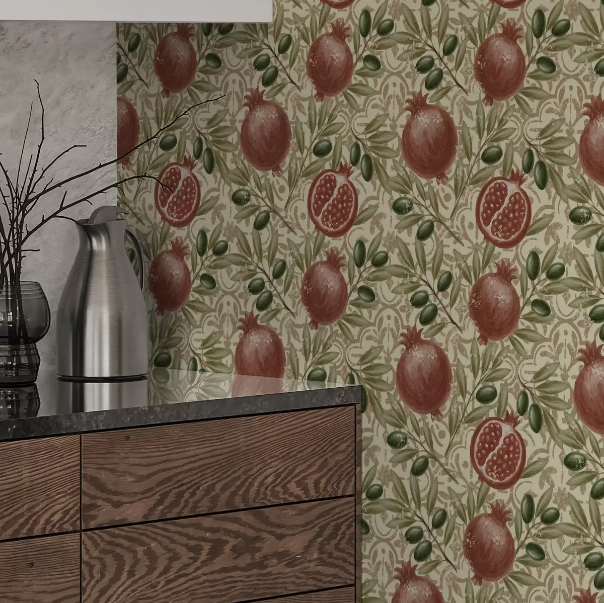 Behang Granaatappel en olijftakken op decoratieve achtergrond a00764
