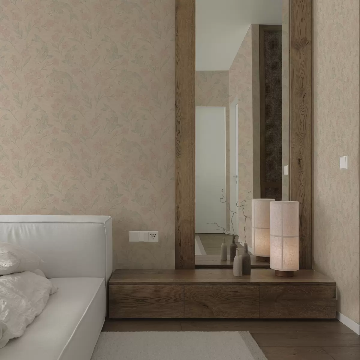 Behang Karpers tussen bloemen in zachte beige-roze tinten a00766 Behang Karpers tussen bloemen in zachte beige-roze tinten a00766