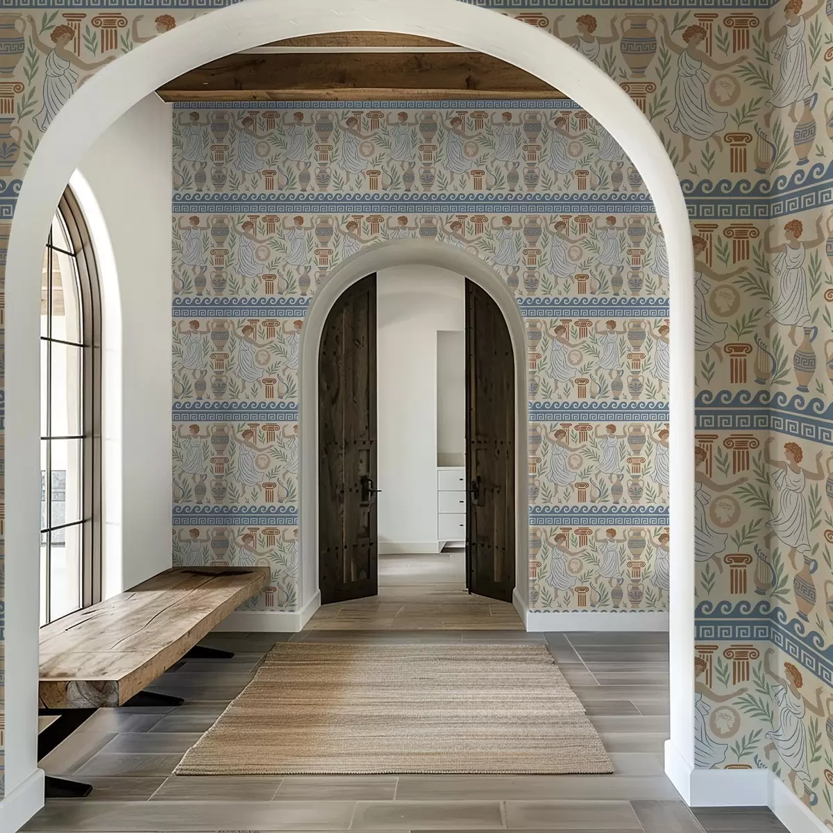 Behang Oud-Grieks ornament met figuren, vazen en zuilen a00768