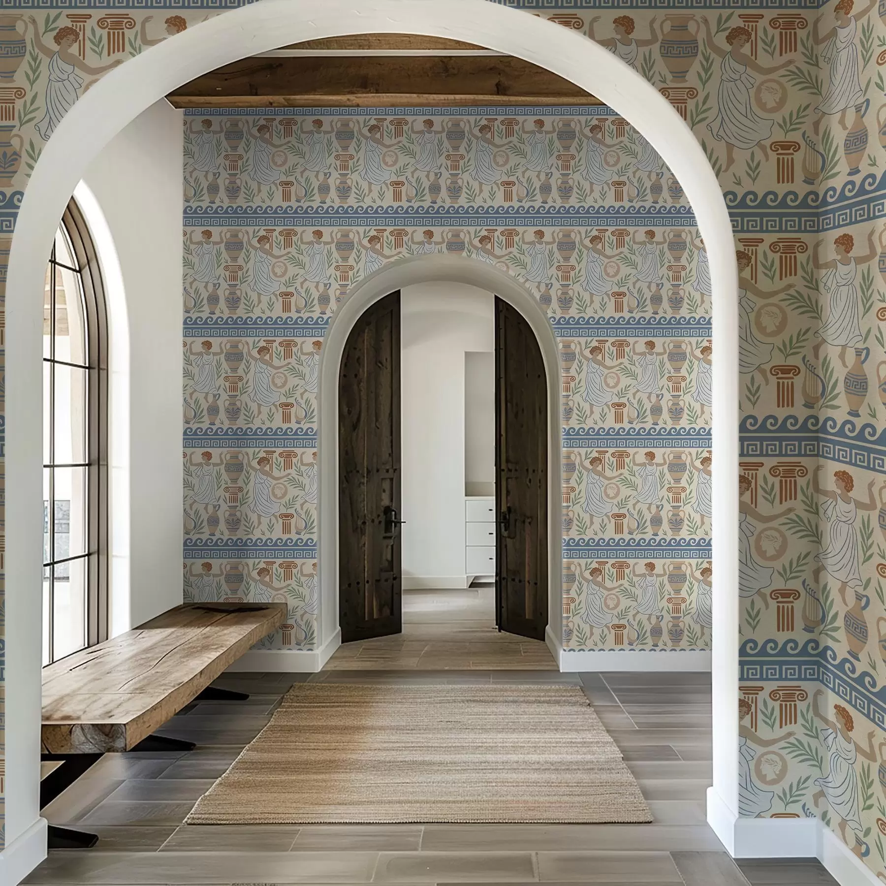 Fotobehang Oud-Grieks ornament met figuren, vazen en zuilen a00768