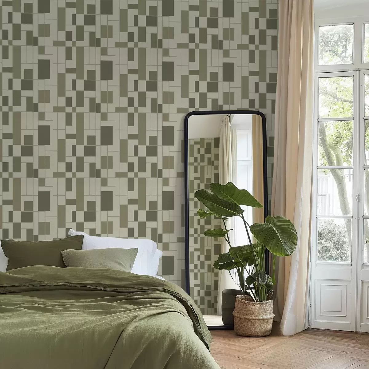 Behang Geometrisch patroon in groene tinten a00769