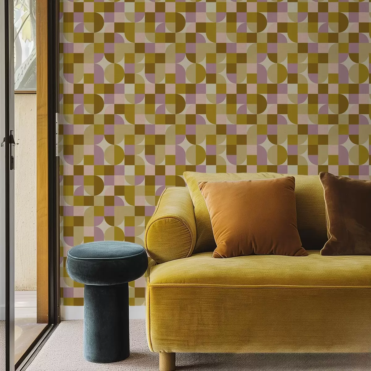 Behang Modulaire geometrie in roze en mosterdtinten a00770v1