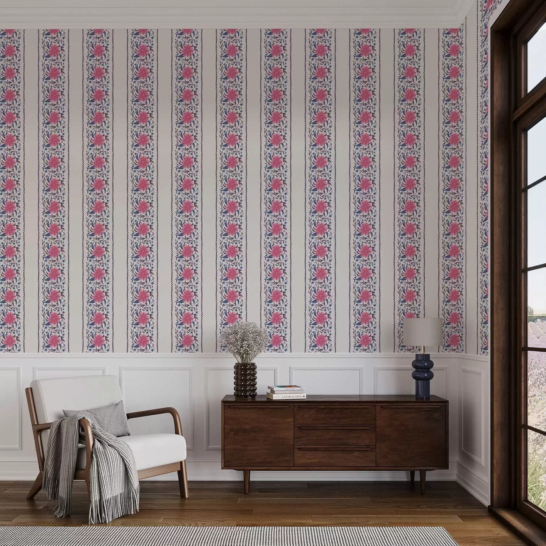 Fotobehang Verticale bloemenstrepen in roze-paarse tinten a00810