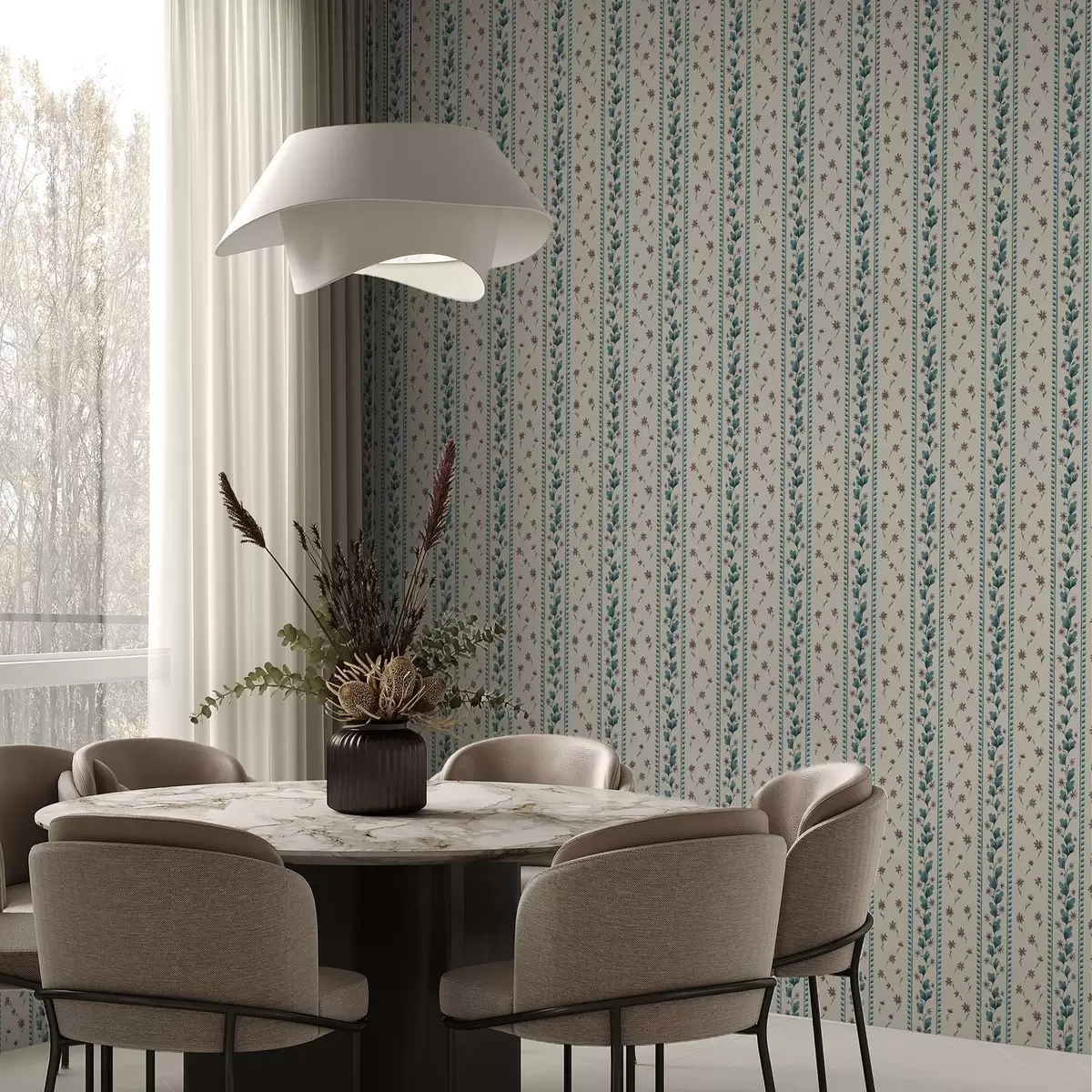 Behang Verticale bloemenstrepen in blauwbruine tinten a00811v1
