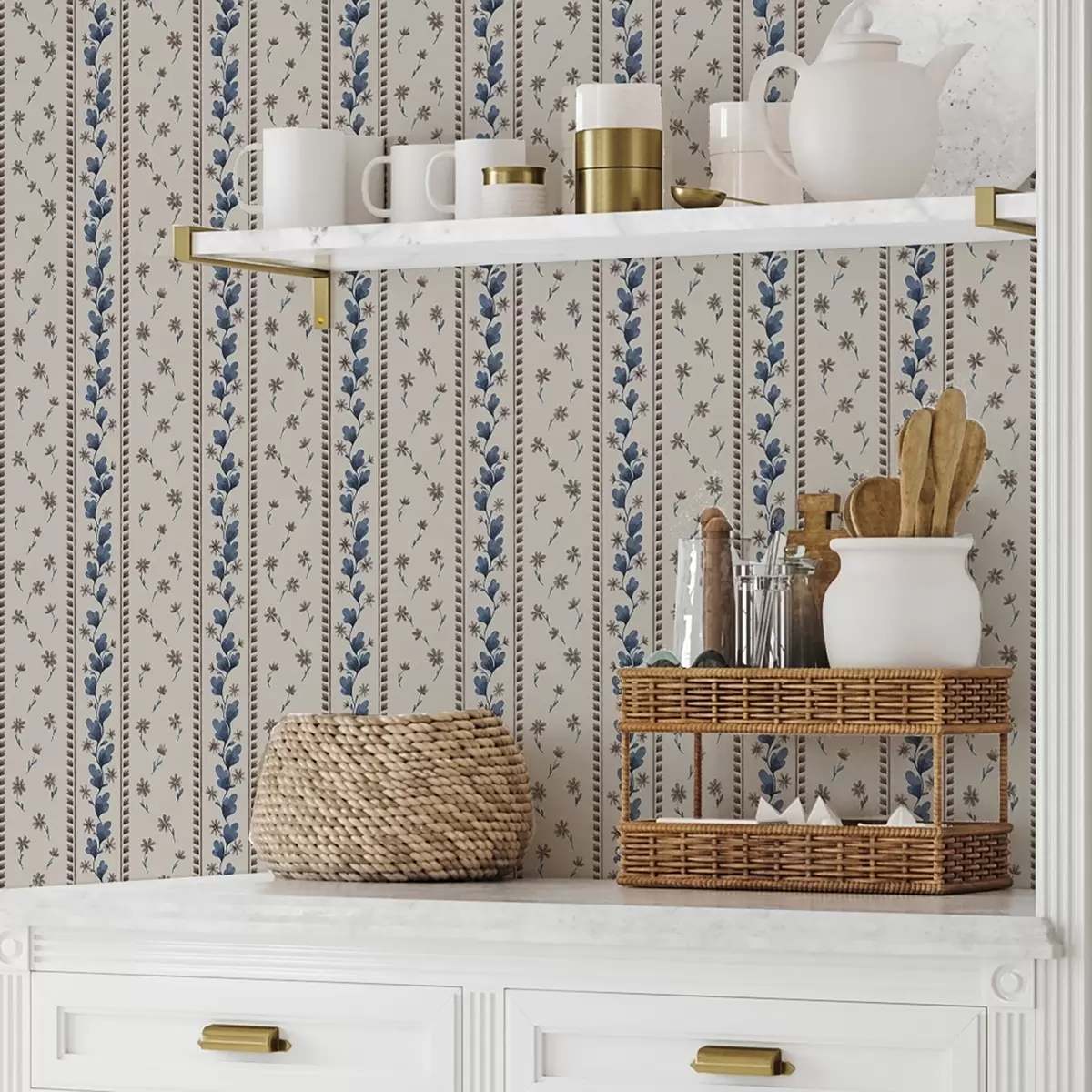 Behang Verticale bloemenstrepen in blauwbruine tinten a00811v3