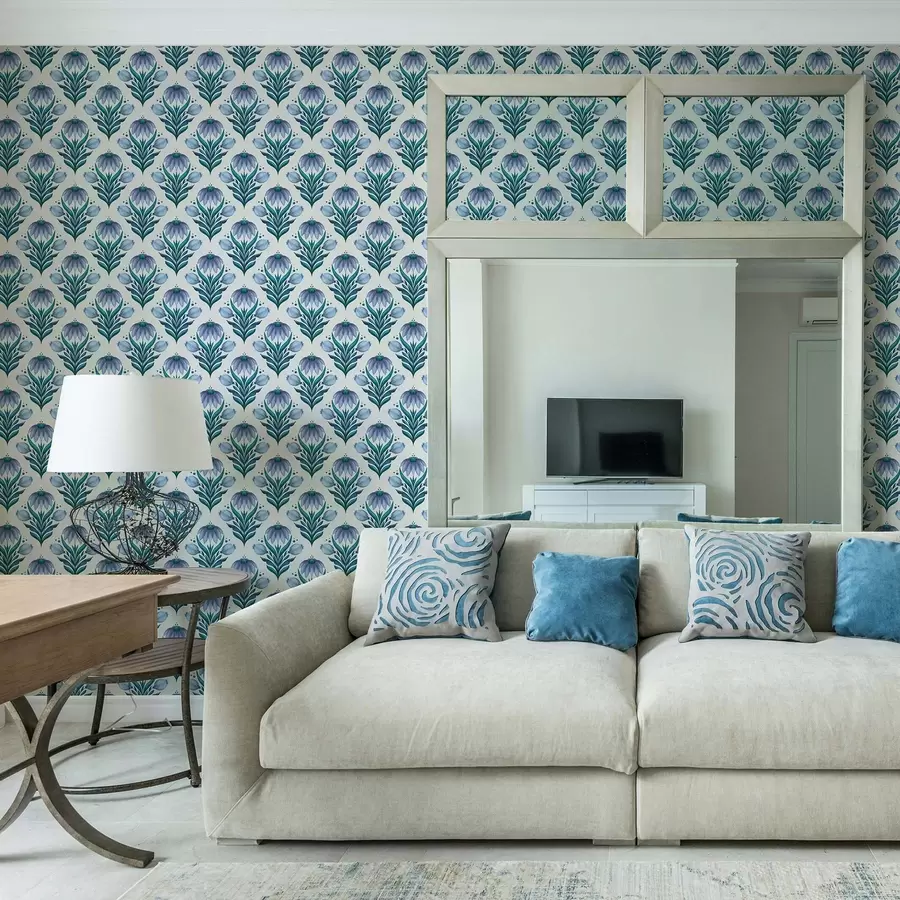 Fotobehang Symmetrisch bloemenornament in blauw-witte tinten a00812v2