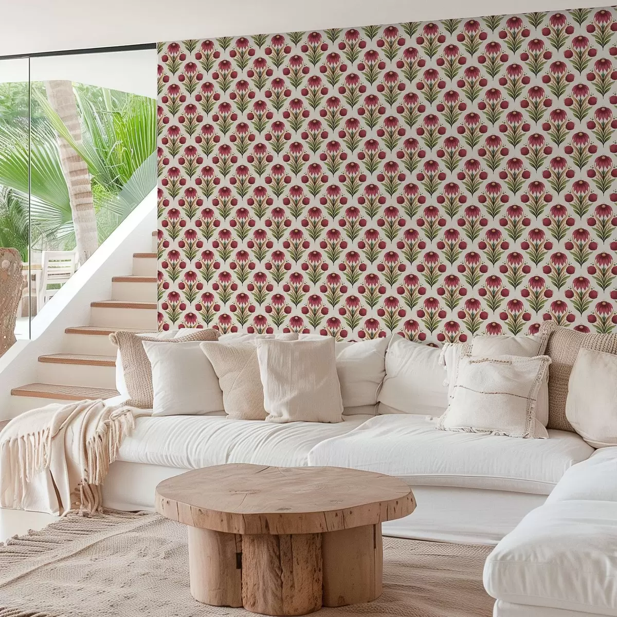 Behang Symmetrisch bloemenornament in rijke rood-groene tinten a00812v4