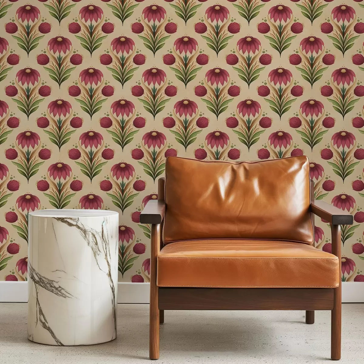 Behang Symmetrisch bloemenornament op warme beige achtergrond a00812v6