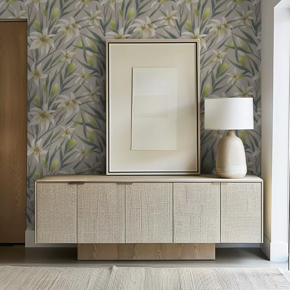 Behang Crèmekleurige lelies met bladeren op een grijsbeige achtergrond a00837