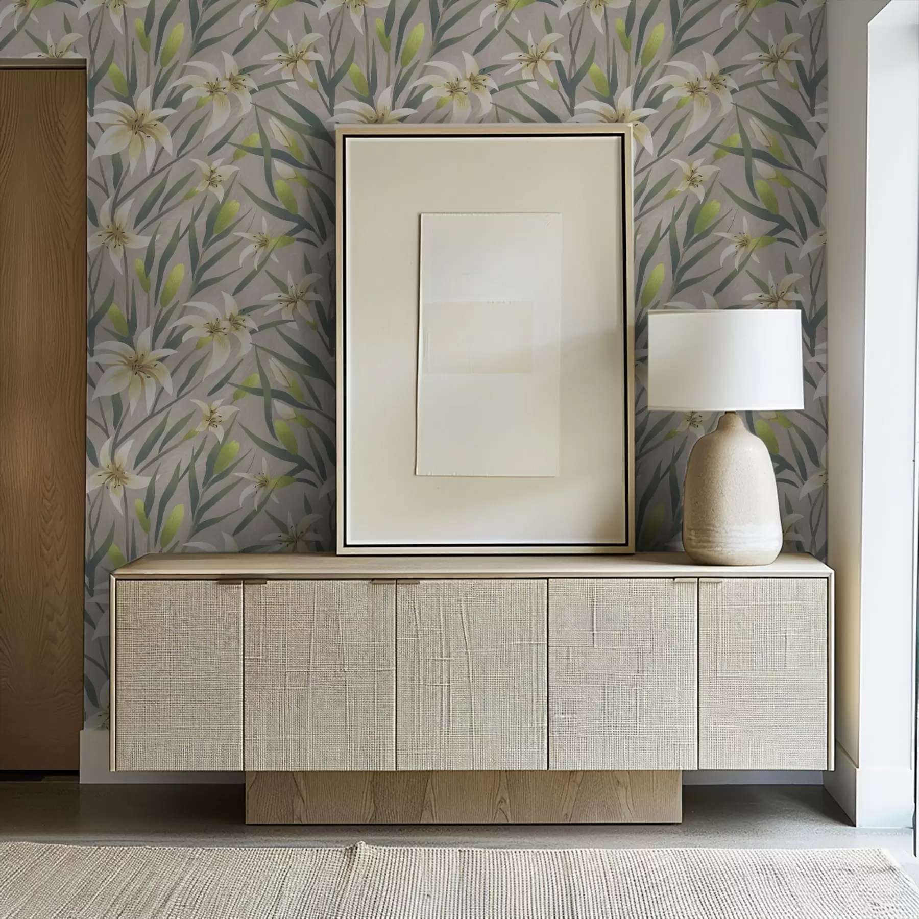 Fotobehang Crèmekleurige lelies met bladeren op een grijsbeige achtergrond a00837