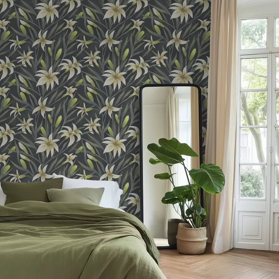 Fotobehang Crèmekleurige lelies met bladeren op donkere achtergrond a00837v1 kopen - Uwalls.nl Fotobehang Crèmekleurige lelies met bladeren op donkere achtergrond a00837v1