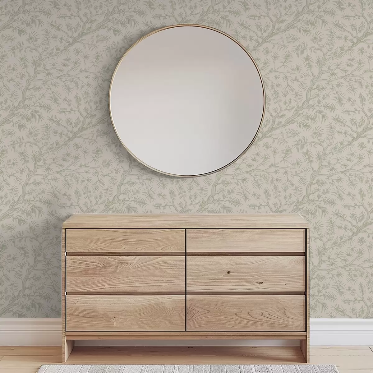 Behang Dennen takken in lichtgroene tinten op beige achtergrond a00838v1