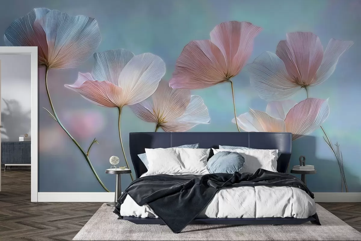 Fotobehang Transparante bloemblaadjes in pastelroze en blauwe tinten w04621