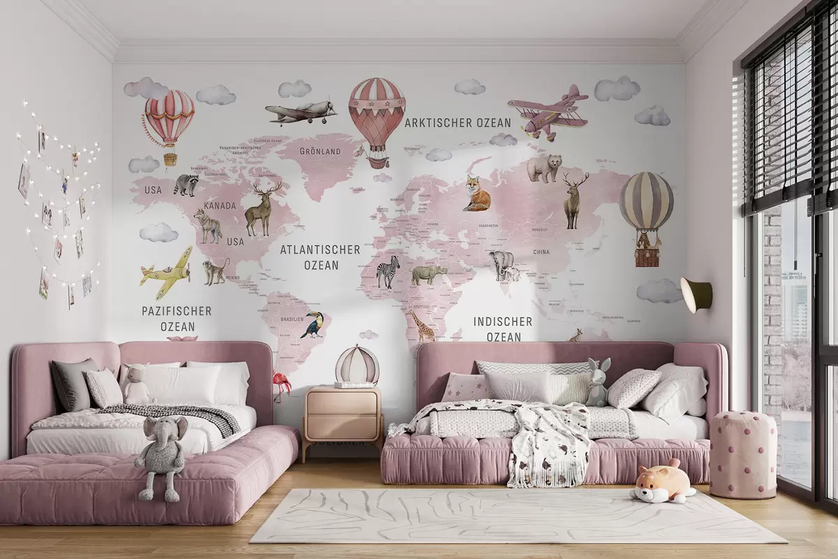 Fotobehang Kinderkaart in aquarelstijl met dieren en heteluchtballonnen. Duitse taal. Roze kleur. c00001dev3