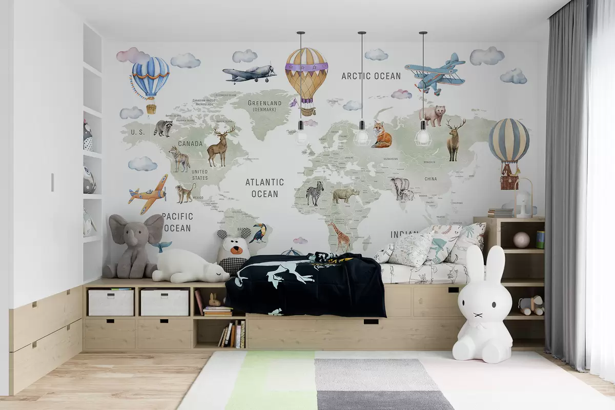 Fotobehang Kinderkaart in aquarelstijl met dieren en heteluchtballonnen. Engelse taal. Groene kleur. c00001en