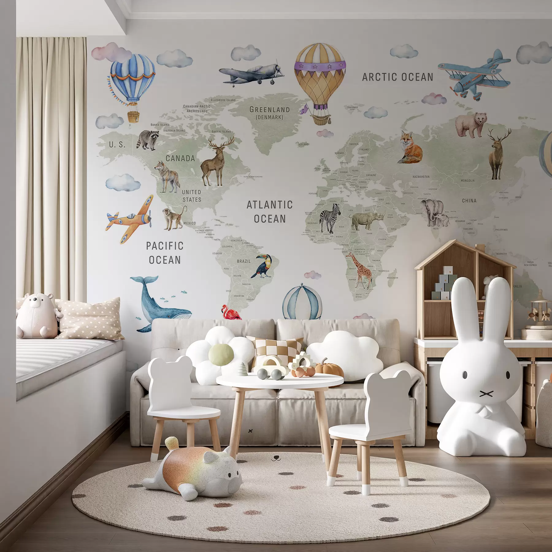 Fotobehang Kinderkaart in aquarelstijl met dieren en heteluchtballonnen. Engelse taal. Groene kleur. c00001en