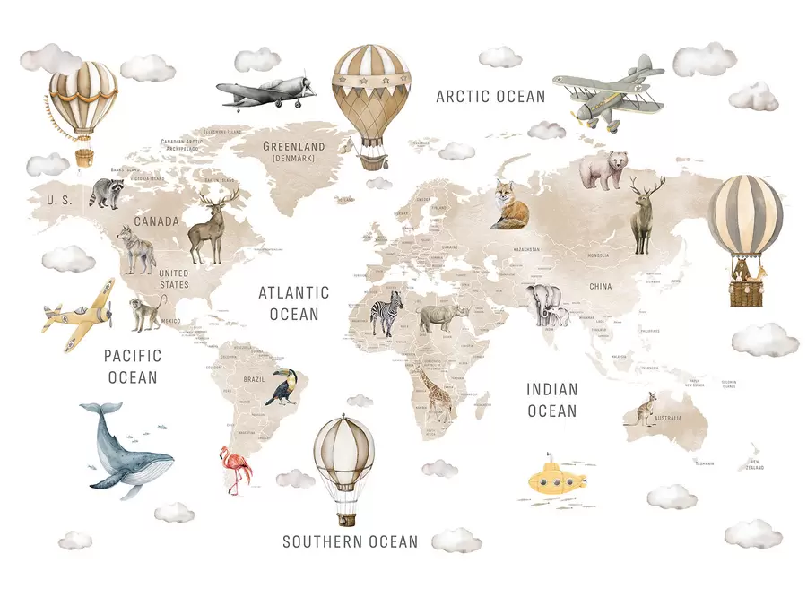 Fotobehang Kinderkaart in aquarelstijl met dieren en heteluchtballonnen. Engelse taal. Beige kleur. c00001env2