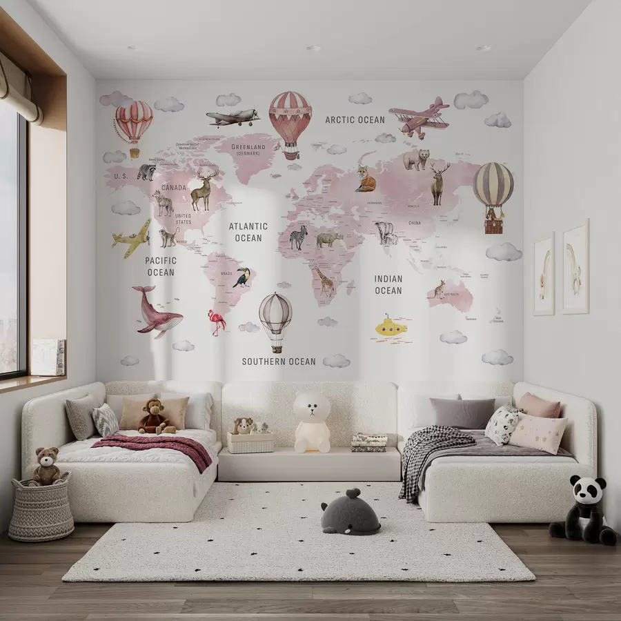 Fotobehang Kinderkaart in aquarelstijl met dieren en heteluchtballonnen. Engelse taal. Roze kleur c00001env3