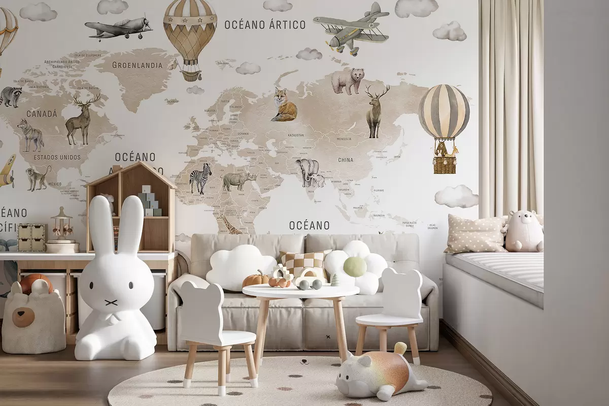 Fotobehang Kinderkaart in aquarelstijl met dieren en heteluchtballonnen. Spaanse taal. Beige kleur. c00001esv2